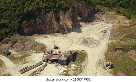 ascending view of bricks small warehouse in the nonurban area, aerial shot. High quality photo