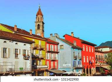 Ascona, Switzerland - August 23, 2016: Street With Church At Romantic Luxury Resort In Ascona Town On Lake Maggiore Of Ticino Canton In Switzerland. Outdoor Expensive Family Travel In Swiss City