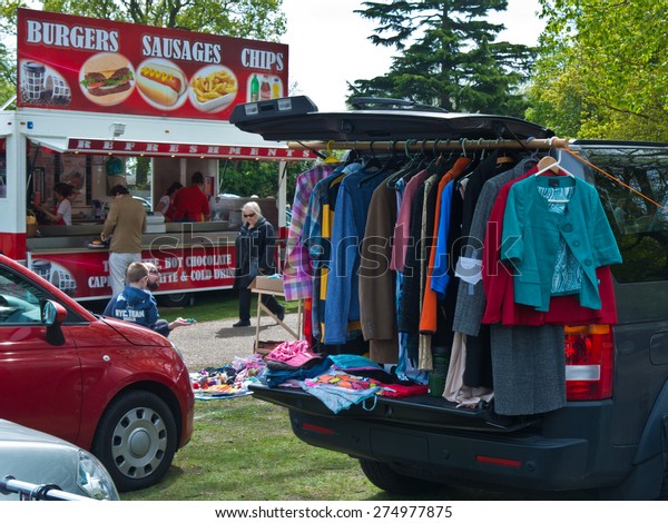 Ascot,England-May 5th,2015:Great Car Boots, Car\
boot organisers since 1995, specialising in Ascot with antiques and\
collectables and lots of genuine sellers/buyers from all over the\
country.