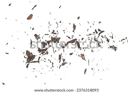 Ash with burned, paper scraps scattered, pieces explosion effect isolated on white background, texture, top view, clipping
