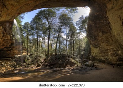 Ash Cave waterfall panorama.  This is the largest  recess cave in Ohio.  In the lower right you can see some people which gives you an idea of the scale of the cave.