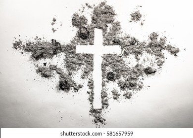 Ash wednesday cross, crucifix made of ash, dust as christian religion, Jesus, god, faith, holy, holiday,  concept background