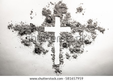 Ash wednesday cross, crucifix made of ash, dust as christian religion, Jesus, god, faith, holy, holiday,  concept background