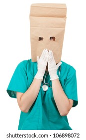 Ashamed Doctor With Paper Bag On His Head, White Background