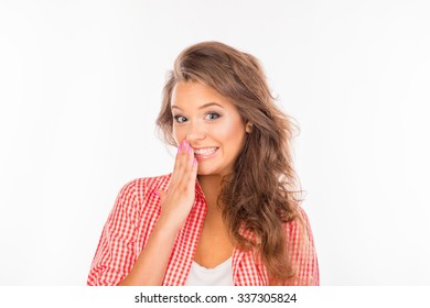 Ashamed Young Woman Hiding Mouth With Her Hand