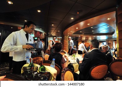 ASHDOD,ISR - MAR 09 2010:Passengers eating on board MSC - SPLENDIDA.It's on of the most luxurious ship sail in the Mediterranean sea.It can accommodate 4000 passengers and 2000 crew members.
