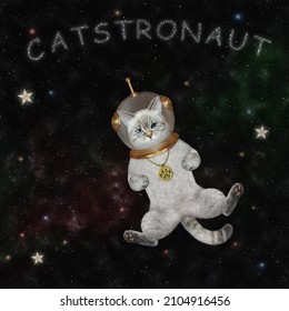 An ashen cat astronaut in a spacesuit floats in outer space among the stars. Catstronaut. - Shutterstock ID 2104916456