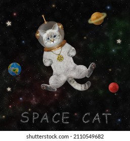 An ashen cat astronaut in a spacesuit floats in outer space among the stars and planets. - Shutterstock ID 2110549682