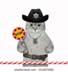 An Ashen Cat Cop In A Black Hat With A Police Badge Around His Neck Holds A Stop Sign. White Background. Isolated.