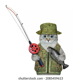An ashen cat fisher with a fishing rod caught a trout. White background. Isolated.