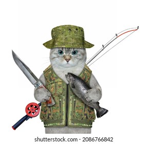 An ashen cat fisher with a fishing rod and a hunting knife caught a trout. White background. Isolated.
