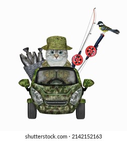 An ashen cat in a hat returns from fishing trip by car with a wicker basket full of fish. White background. Isolated.