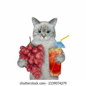An ashen cat holds a bunch of red grapes and drinks fresh juice. White background. Isolated. - Shutterstock ID 2139074279