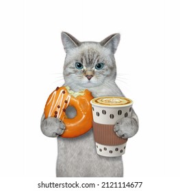 An Ashen Cat Holds An Orange Donut And A Cup Of Coffee. White Background. Isolated.