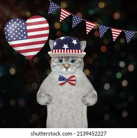 An ashen cat patriot holds a heart shaped balloon painted like the usa flag. - Shutterstock ID 2139452227