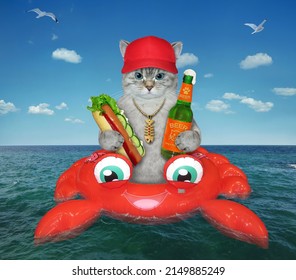 An ashen cat in a red cap drinks beer and eats a hot dog on an inflatable crab in the open sea. - Shutterstock ID 2149885249