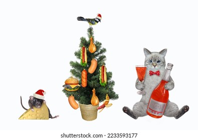 An ashen cat with red wine decorated the Christmas tree with delicious food. White background. Isolated. - Shutterstock ID 2233593177