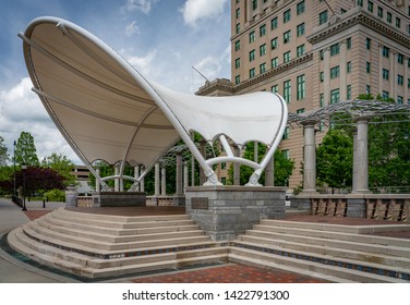 Asheville, NC / USA - May 10, 2019: This is a color photo of the Bascom Lamar Lunsford Stage in front of the Buncombe County Courthouse in Asheville, NC, USA