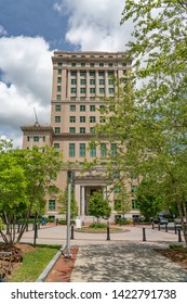 Asheville, NC / USA - May 10, 2019: This is a color photo of the Buncombe County courthouse in Asheville, NC on a beautiful spring day with blue skies and white clouds.