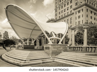Asheville, NC / USA - May 11, 2019: Sepia toned photo of the Bascom Lamar Lunsford Stage in front of the Buncombe County Courthouse in Asheville, NC, USA