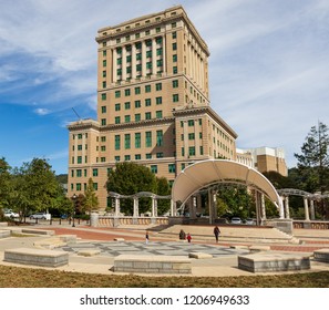 ASHEVILLE, NC, USA-10/17/18: The 17-story Buncombe County Courthouse sets behind an amphitheater in Pack Square.