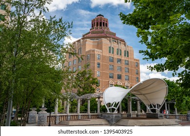 Asheville, NC/USA - May 11, 2019: Asheville City Hall, the center of the city's government, is an historic Art Deco brick and stone office building located on City-County Plaza in Asheville, NC.