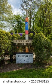 Asheville, North Carolina USA - May 5, 2022: The River Arts District welcome display in this popular small town visitor destination in the Blue Ridge mountains.