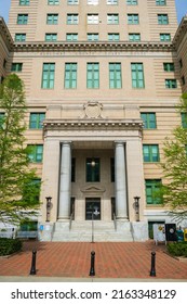 Asheville, North Carolina USA - May 5, 2022: Cityscape View Of The Classic Art Deco Architecture Of The Municipal Building In This Popular Small Town Destination In The Blue Ridge Mountains.