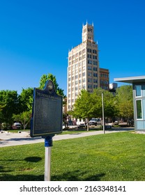 Asheville, North Carolina USA - May 5, 2022: Equal justice sign memorializing the tragic lynching of a black teenager in 1888.