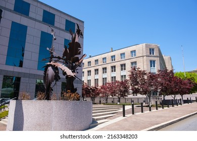 Asheville, North Carolina USA - May 5, 2022: Cityscape Of The Downtown Urban District With Vintage Architecture In This Popular Small Town Visitor Destination In The Blue Ridge Mountains.