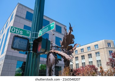 Asheville, North Carolina USA - May 5, 2022: Cityscape Of The Downtown Urban District With Vintage Architecture In This Popular Small Town Visitor Destination In The Blue Ridge Mountains.