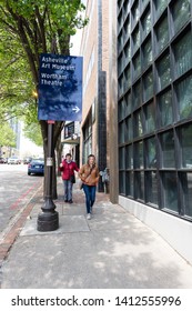 Asheville, USA - April 19, 2018: Downtown Old Town Street In North Carolina NC Famous Town City With Sign For Art Museum And Wortham Theatre