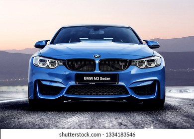 Ashgabad/Turkmenistan-01.22.2017;Blue Sports Car BMW M3 On A Winding Mountain Road