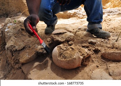 ASHKELON, ISR - MAY 16 2010: Archaeologist excavating human cranium skull face with a brush in a mass grave containing multiple human corpses, which may or may not be identified rior to burial.  - Shutterstock ID 168773735