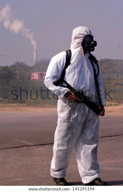 ASHKELON,ISR -\
JAN 22 2006:Israeli soldier during chemical and biological warfare\
exercise.Since 1960 Israel has been under constant threat from Arab\
states mass destruction\
weapons.