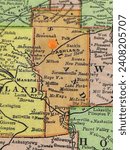 Ashland County, Ohio marked by an orange tack on a colorful vintage map. The county seat is located in the city of Ashland, OH.