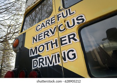 ASHLAND, NEW YORK - APRIL 24, 2017: Back Of The Partridge Family Bus Replica Parked Off Of NY-23. Printed On The Bus, CAREFUL NERVOUS MOTHER DRIVING. Editorial Use Only. 