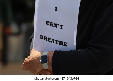 Ashland, Oregon / USA - May 31 2020: White Person Holding An I Can't Breathe Sign In Memory Of George Floyd