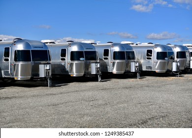 ASHLAND, VA, USA - NOVEMBER 15, 2018: Airstream trailers parked at the Airstream of Virginia dealership.