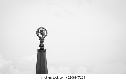 Ashoka Chakra 75th Independence day Memorial Pillar - Indian symbol of Ashoka Wheel with Lion. - Shutterstock ID 2208947163