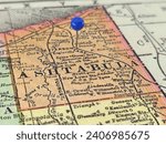 Ashtabula County, Ohio marked by a blue tack on a colorful vintage map. The county seat is located in the village of Jefferson, OH.