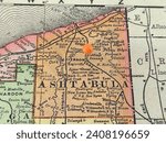 Ashtabula County, Ohio marked by an orange tack on a colorful vintage map. The county seat is located in the village of Jefferson, OH.