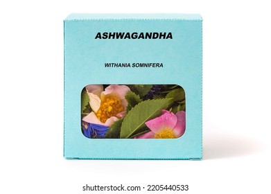 Ashwagandha Medicinal Herbs In A Cardboard Box. Herbal Tea In A Gift Box