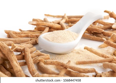 Ashwagandha powder with roots. Superfood remedy. Natural alternative medicine.