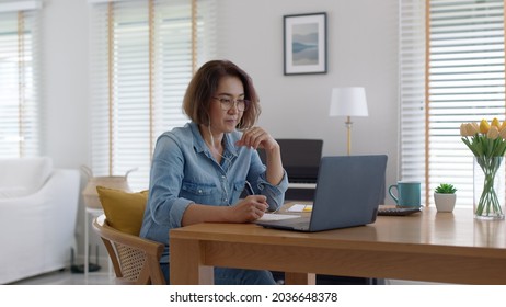 Asia Adult Happy People Or Sme Owner Latin Lady Sit Consult Talk In Online Seminar Reskill Upskill Job Discuss Class For Worker On Desk Table Work At Home In Remote Teach Advice By Digital Training.