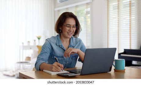 Asia Adult Happy People Or Sme Owner Latin Lady Sit Consult Talk In Online Seminar Reskill Upskill Job Discuss Class For Worker On Desk Table Work At Home In Remote Teach Advice By Digital Training.