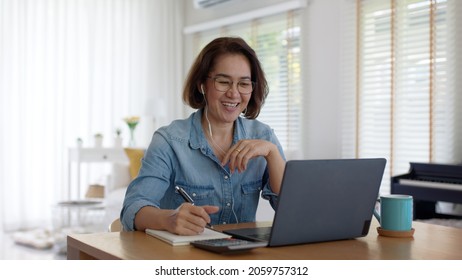 Asia Adult Happy People Or Sme Owner Latin Lady Sit Consult Talk In Online Seminar Reskill Upskill Job Discuss Class For Worker On Desk Table Work At Home In Remote Teach Advice By Digital Training.