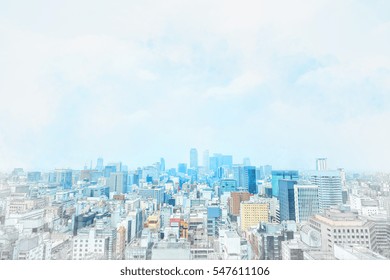 Asia Business concept - panoramic modern cityscape building bird eye aerial view under sunrise and morning blue bright sky from Nagoya TV Tower in Nagoya, Japan mix hand drawn sketch illustration - Powered by Shutterstock