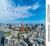 Asia Business concept for real estate and corporate construction - tokyo tower and panoramic urban city skyline aerial view under bright blue sky and sun in Tokyo, Japan