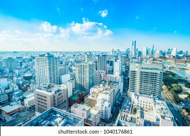 Asia Business concept for real estate and corporate construction - panoramic modern city skyline aerial view of Yokohama minato mirai 21 Area under blue sky in Yokohama, Japan